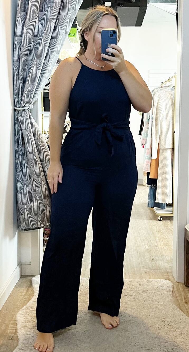 LOFT Square High Neck Tie Waist Linen Blend Wide Leg Jumpsuit Navy Blue 6